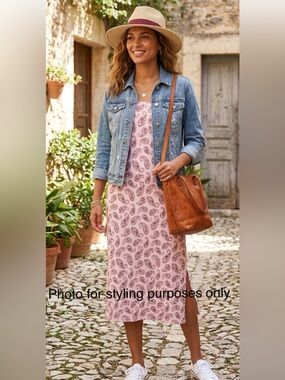 Lands' End Pink Sleeveless Midi Cotton Dress with Maroon Paisley Print